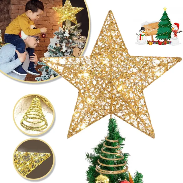 CHOOLY LED Kerstboomtopper Ster met Timer - 25cm Gouden Boomtopper met 20 LED's & Batterij/USB Voeding - Perfecte Kerstversiering voor Kerstboom Party Home Decoratie