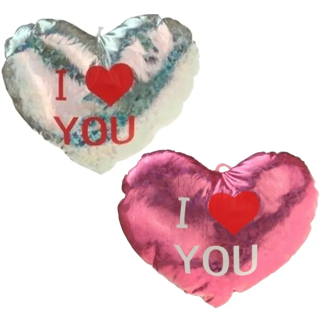 Krüger & Gregoriades Sierkussens - roze/zilver - 14 cm - glimmend - hart I Love You - Valentijn - pluche - hart Multi