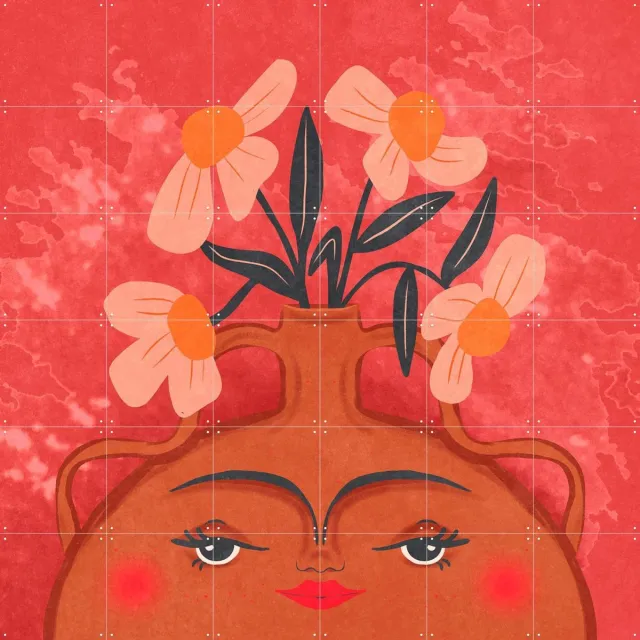 IXXI Happy Vase Happy Flowers, Raissa Oltmanns - 120 x 120 cm - Grote wanddecoratie en posters - Illustraties, Speels, Digitale Kunst, Modern Warme kleuren / Rood
