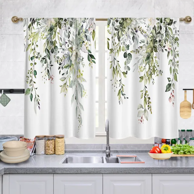 YAGXIG Keukengordijnen - Eucalyptus Plant Leaf Floral Gordijnen - Cafe Korte Gordijnen - Geschikt voor keuken, kleine ramen -70*100 CM Bladpatroon