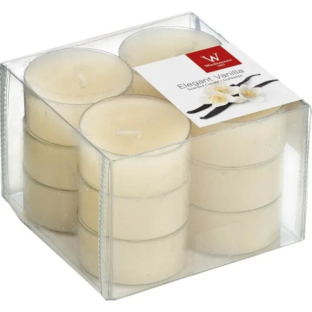 Trend Candles geurtheelichtjes/waxinelichtjes - 12x - vanille geur - 4 branduren -transparante cup Creme