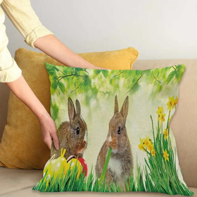 ABAKUHAUS Osterhase Kussenhoes, Ostern Kaninchen, Kussenhoes met Dubbelzijdig Patroon, Heldere Digitale Print, Kleurecht, met Ritssluiting, 40 x 40 cm, Meerkleurig Varengroen