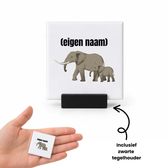 Hacebo olifant en kleine olifant met eigen naam tegeltje met tegelhouder - Olifant - olifanten liefhebbers - tegeltjes met tekst - iemand die houdt van olifanten - verjaardag - cadeau - kado - spreuktegels - 4.8x4.8 CM Wit