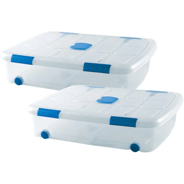 PLASTICFORTE Opslagbox - 2x stuks - met deksel - 41L - 73 x 55 x 16 cm - transparant - opbergbak - met wielen