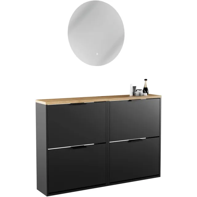 Planetmöbel STIVIO - Schoenenkast 60 cm - Zwart - Set van 2 met 2 kleppen - LED-spiegel NOVA ⌀ 60 cm 2 kleppen, Zwart, Nova 60 cm