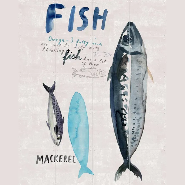 IXXI Fish, Signorinah - 80 x 100 cm - Grote wanddecoratie en posters - Illustraties, Aquarel, Woonkamer, Keuken, Eetkamer, Natuur, Zeeleven, Eten & Lichte tinten / Blauw