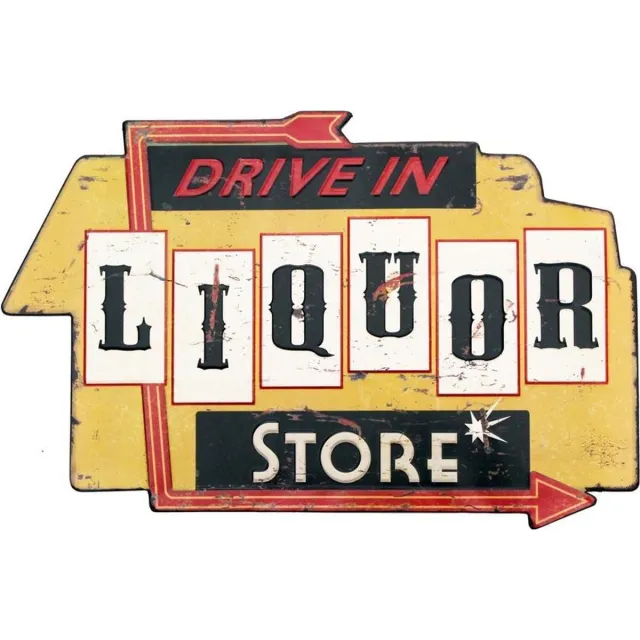 Signs-USA Liquor Store Drive In - metalen wandbord in verweerde uitvoering - 55 x 36,5 cm Geel, zwart, rood