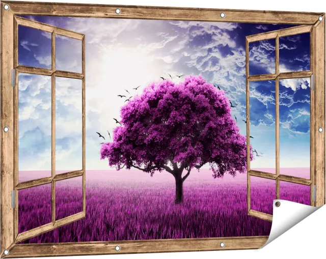 Gards Tuinposter Doorkijk Paarse Boom in het Paars Veld met Vogels - 120x80 cm - Tuindoek - Tuindecoratie - Wanddecoratie buiten - Tuinschilderij Licht bruin