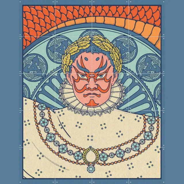 IXXI Napoleon and the Mask, Ryan Ragnini - 80 x 100 cm - Grote wanddecoratie en posters - Illustraties, Kleurrijk, Grafisch Ontwerp, Portretten Blauw