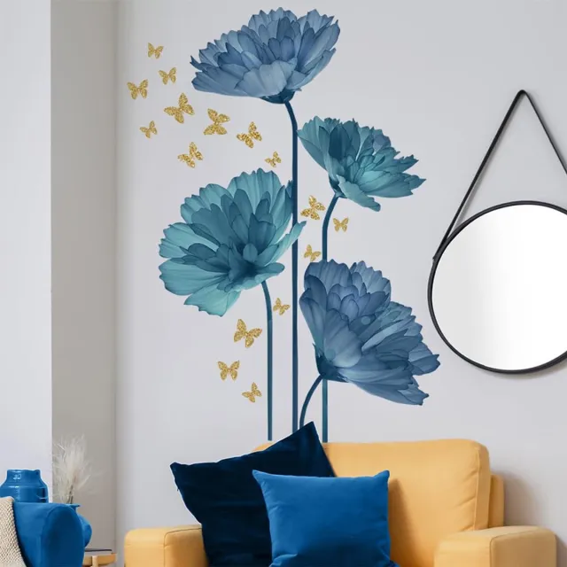 Ibenzoa Decoratieve Muurstickers: Bloemenmotief met Blauwe Klaprozen en Goudvlinders – Voor Woonkamer, Slaapkamer of Badkamer