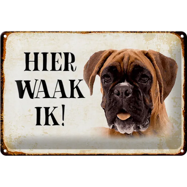 Femer Metalen bordje 30x20cm nederlands Hier Waak ik Boxer dog Beige