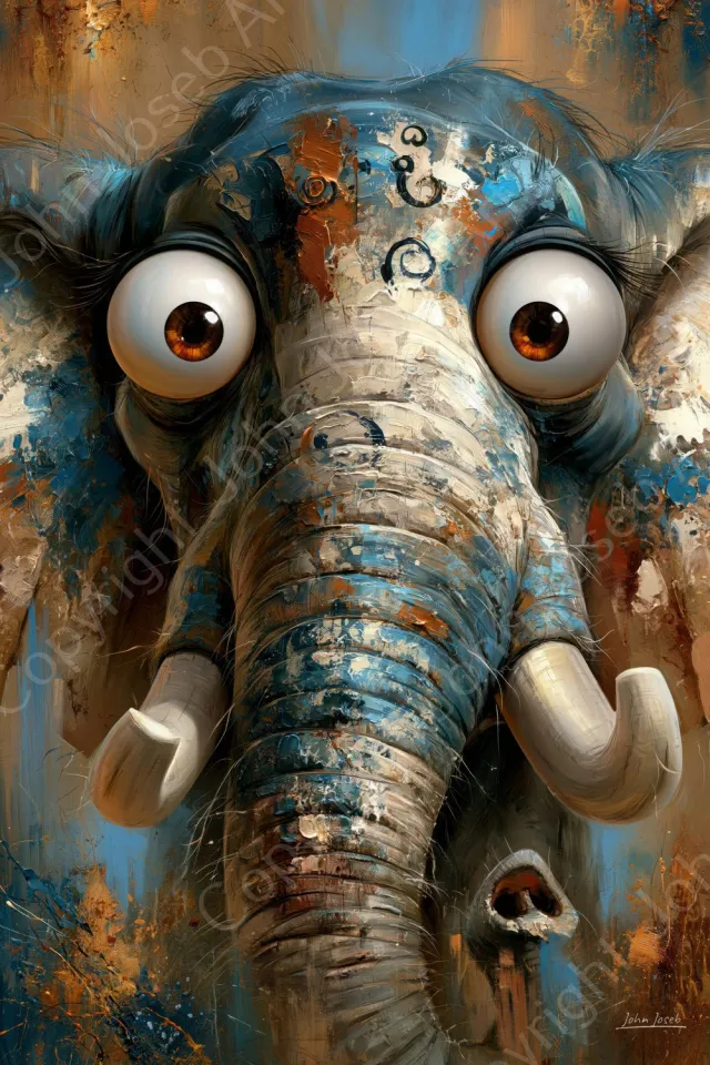 John Joseb Art (Canvas) 40x60 | Olifant, gek, grappig, humor, abstract, bolle ogen, portret, kunst, dier, Afrika, wit, bruin, blauw, modern | Foto-Schilderij canvas print (wanddecoratie)