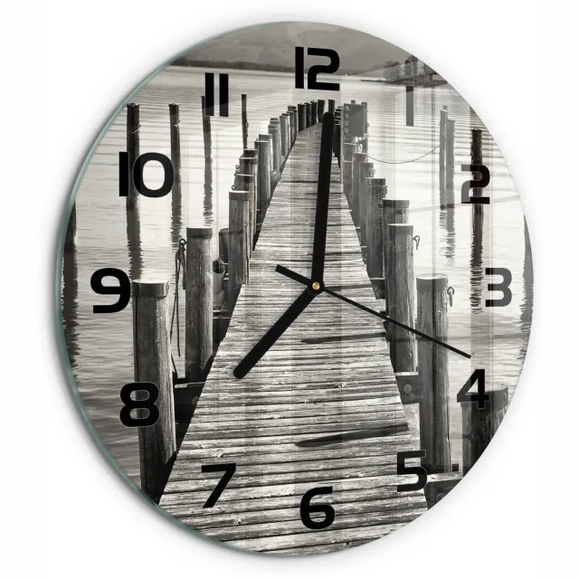TULUP Wandklok - Houten brug Wandklok Glas Met Motief - fi30 cm - Zwart-wit Decoratieve Glazen Klok - Zwarte handen - Ronde Klok - Gekleurde Glazen Klok - Glazen Klok Met Print