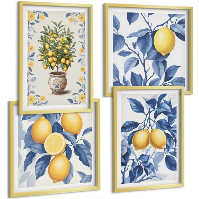 TULUP 4-Delige Schilderij Set - Citroenen aan takken met blauwe bladeren. - 40 x 40 cm en 40 x 60 cm - Wanddecoratie - Muurdecoratie - Moderne Interieurdecoratie Gouden lijst