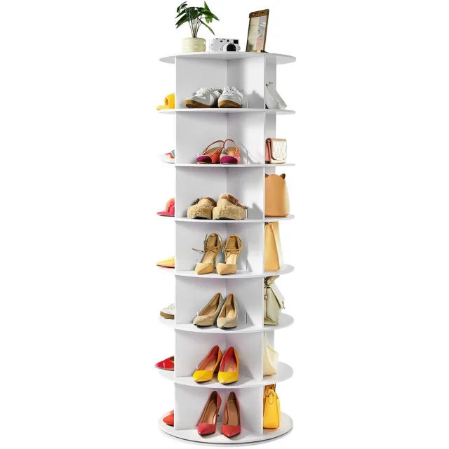Vevor Schoenenrek, Schoenenkast voor 28 Paar Schoenen (7 Lagen), 360° Draaibaar, Ruimtebesparende Schoenenopbergkast, Schoenenrek voor Slaapkamer, Woonkamer, Hal, Wit, 598 x 598 x 1620 mm