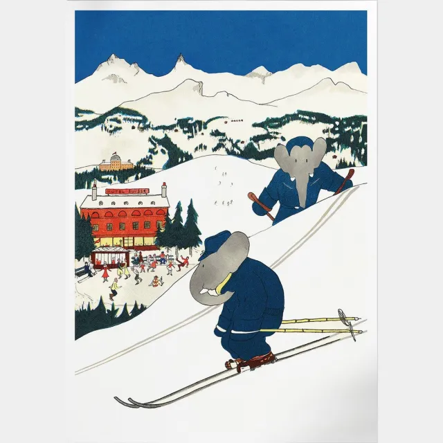 Pepperwall Babar En Ski (Babar de Olifant) | Poster | B2: 50 x 70 cm Multikleur