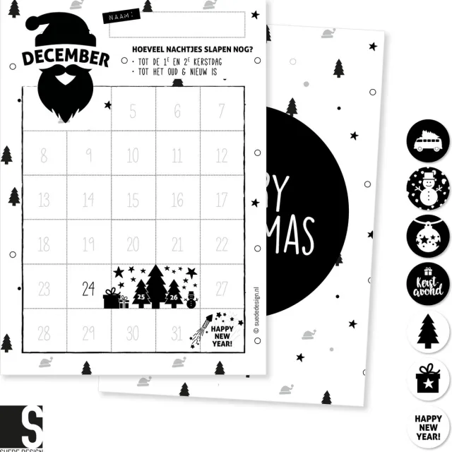 Suede design December aftelposter | Kerst en Oud&Nieuw | Suede design aftelkalender A4 Zwart