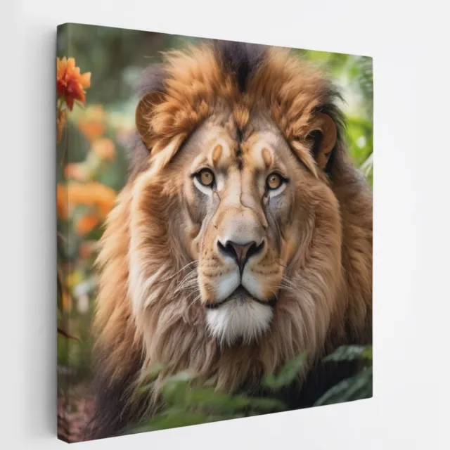 Saammp Canvas Schilderij - Leeuw tussen de oranje bloemen - Natuur - Dieren - 100x100 - Foto op canvas - Wanddecoratie - Muurdecoratie Woonkamer - Slaapkamer decoratie - Canvas Print Multicolor