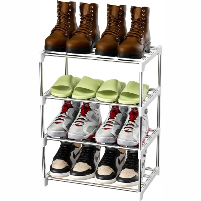 Famanu Schoenenrek, van metaal, met 4 niveaus, licht, stapelbaar, voor 8 paar schoenen, zilver