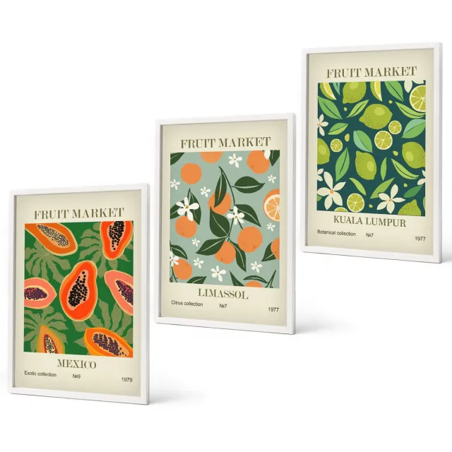 Coloray 3-Delige Schilderij Set - Vintage Posters Met Fruitpatronen - 40 x 60 - Decoratieve Schilderijen - Wanddecoratie - Hal - Stijlvolle Muurdecoratie Witte lijst