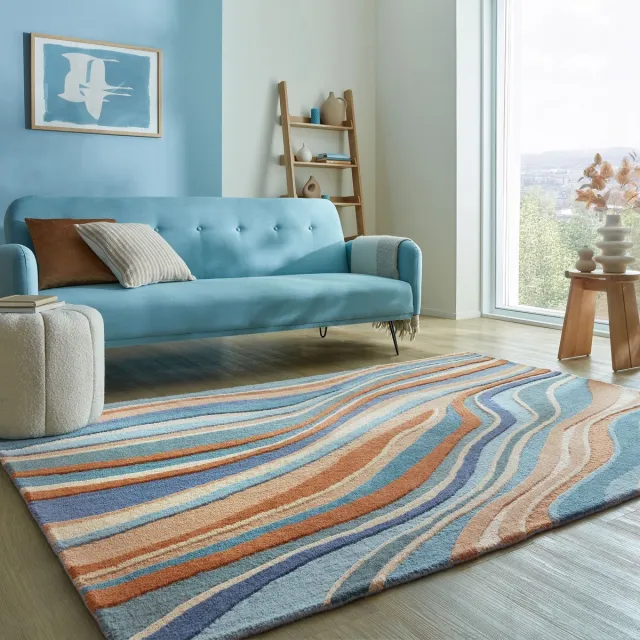 flycarpets Laagpolig Abstract Flow Wollen Vloerkleed 160x230 cm Blauw