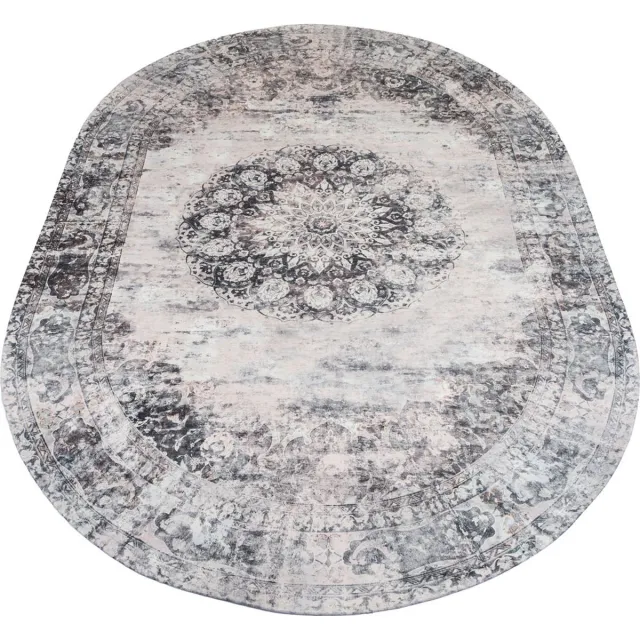 Veer Carpets Vloerkleed Viola Antraciet - Ovaal 160 x 230 cm - Vintage Design Ovaal Vloerkleed met Verweerd Patroon