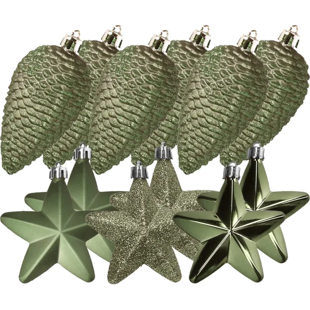 Decoris Kersthangers - 12 ST - dennenappels en sterren kerstornamenten - kunststof - mosgroen Khaki groen