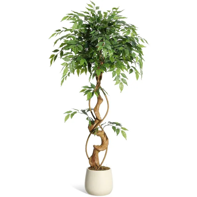Triumpunpre 120cm kunstficus met gebogen stammen - 1-laagse kunstplant zijden boom met witte plantenbak - kunstficus voor binnenhuisdecoratie thuis Groen
