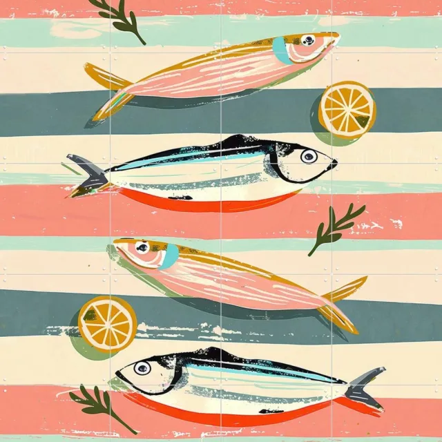 IXXI Sardines on Stripes, Branka Kodžoman - 80 x 100 cm - Grote wanddecoratie en posters - Kleurrijk, Speels, Strepen, Eetkamer, Keuken, Voedsel Rood / Blauw