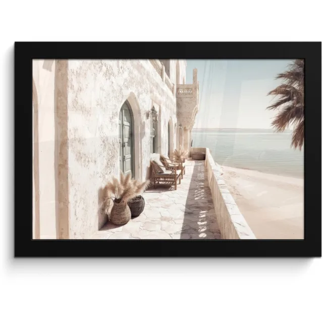 FrameYourWall Poster in lijst - Fotolijst 30x20 cm - Posters - Terras - Stoelen - Strand - Beige - Posterlijst zwart - Decoratie - Wanddecoratie woonkamer - Muurdecoratie slaapkamer Huis - Stoelen - Strand