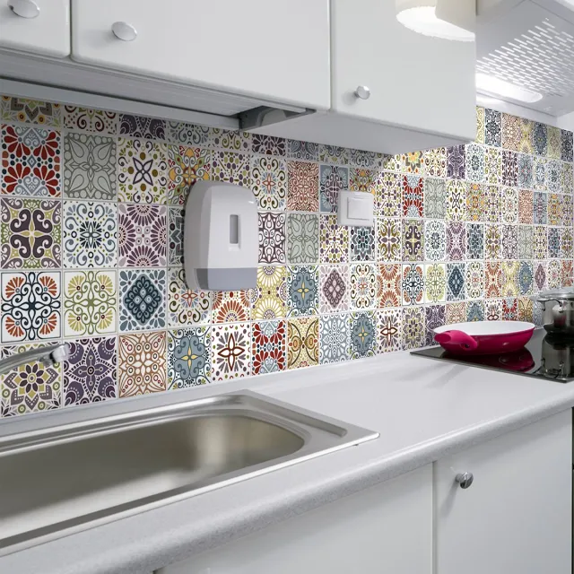 Ambiance Sticker Zelfklevende tegelmuurstickers voor keuken en badkamer - 60 Azulejos Yannel cementtegelstickers - 60 stickers 15x15cm Multi color