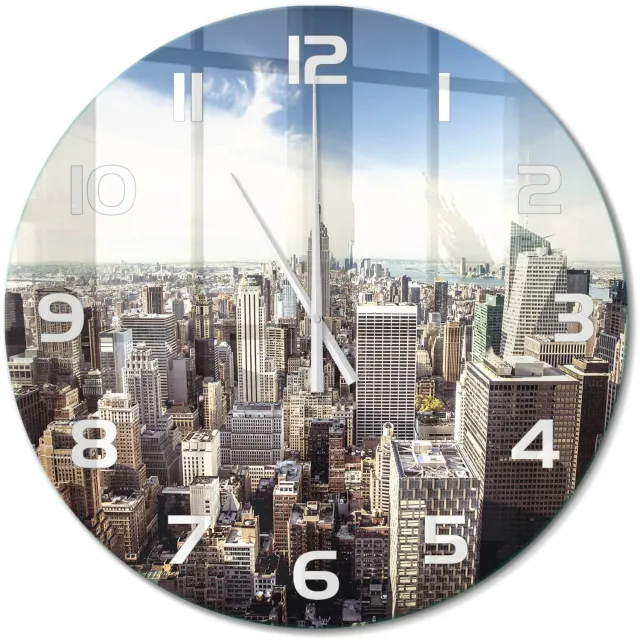 TULUP Wandklok - New York Glazen Klok Met Print - fi60 cm - Blauw Wandklok Glas Met Motief - Witte handen - Ronde Klok - Wandklok Glas Decoratie - Gekleurde Glazen Klok