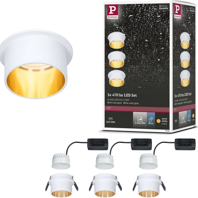 Paulmann LED-inbouwlamp 3-Step-Dim Gil Coin Basisset IP44 rond 68 mm Coin 3x6W 3x470lm 230V dimbaar 2700K Wit mat, Goud