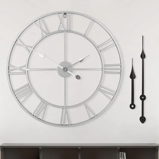 ‎HAITANG HAITANG Grote Wandklok Zilver met Romeinse Cijfers - 16 Inch Vintage, Niet-Tikkend, Zwart Metaal - Voor Woonkamer, Slaapkamer en Keuken - 40CM