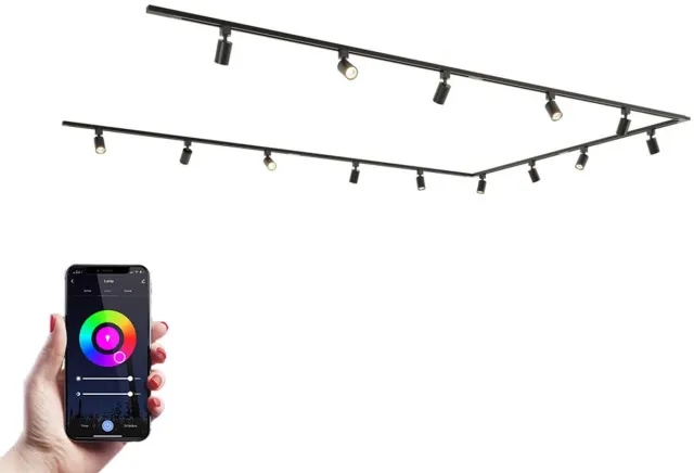 HOFTRONIC railverlichting pakket U-vorm – 4x 1,5m en 2x 1m rails – 14 RGBWW GU10 railspots – dimbaar via app – aluminium zwart – IP20 – modulair – 230V – led railsysteem woonkamer keuken