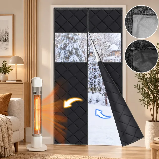 LAPAMAX Magnetisch Isolerende Gordijnen met Transparant PVC Venster - 420GSM Gewatteerd Isolerend Deurgordijn - Zelfsluitend, Zonder Boren - Gordijnen tegen kou voor Voordeur en Garage - Zwart - 90 x 210 cm (B x H) - 1 Stuk Zwart-1stuk