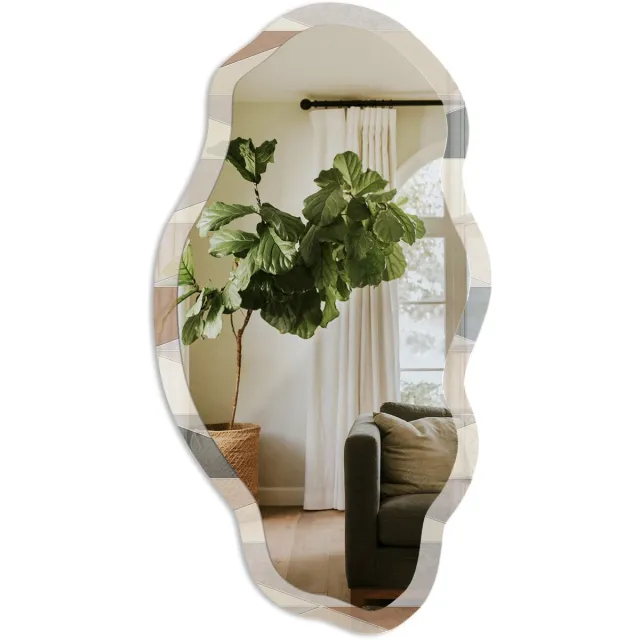 TULUP Geometrische Mozaïek Spiegel - Grijs Moderne Rechthoekige Wandspiegel - Organische Spiegel - Badkamer, Woonkamer, Kantoor - Geometrisch - 45x90 cm - Totale afmeting 52x97 cm Geometrisch Mozaïekpatroon, Grijs