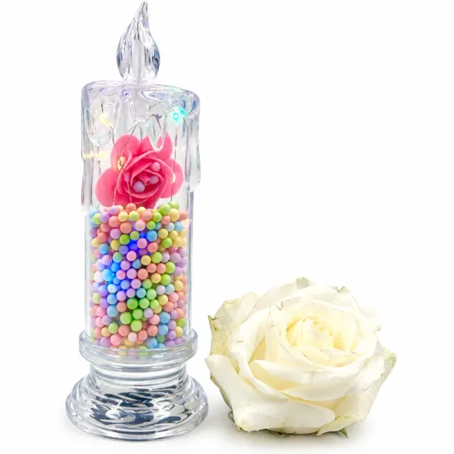 SWGOTA led kaarsen - decoratieve kaarslamp met kunstroos, 6,5 x 18 cm, transparant druppelontwerp en voet, in individuele kleurendoos