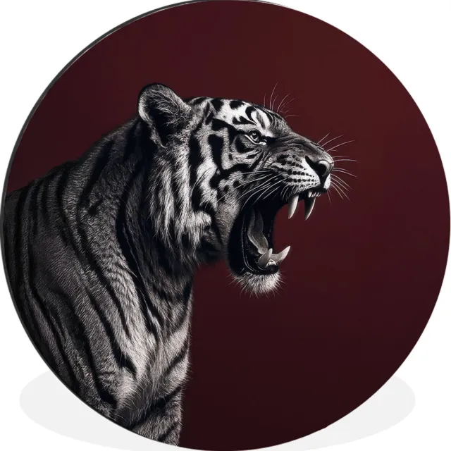 WallCircle Wandcirkel - Muurcirkel - Tijger - Brult - Bordeaux - Aluminium - Dibond - 30x30 cm - Binnen en Buiten Tijger - Brullen