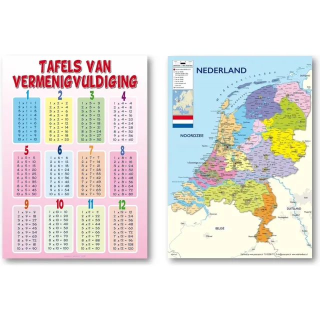 Posterpoint Nederland kaart en Tafels van vermenigvuldiging poster - Set van twee posters - Educatief - Roze tafel poster - Formaat 50 x 70 cm multi