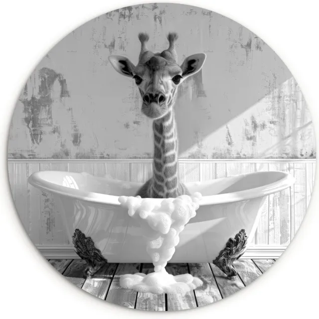 WallCircle Wandcirkel 140x140 cm - Muurcirkel Giraffe - Dieren Badkuip - Vintage - Zwart Wit - Wilde dieren - Muurdecoratie woonkamer - Wanddecoratie slaapkamer - Kamer decoratie accessoires - Ronde schilderijen binnen - Woonaccessoires Giraf - Badkuip
