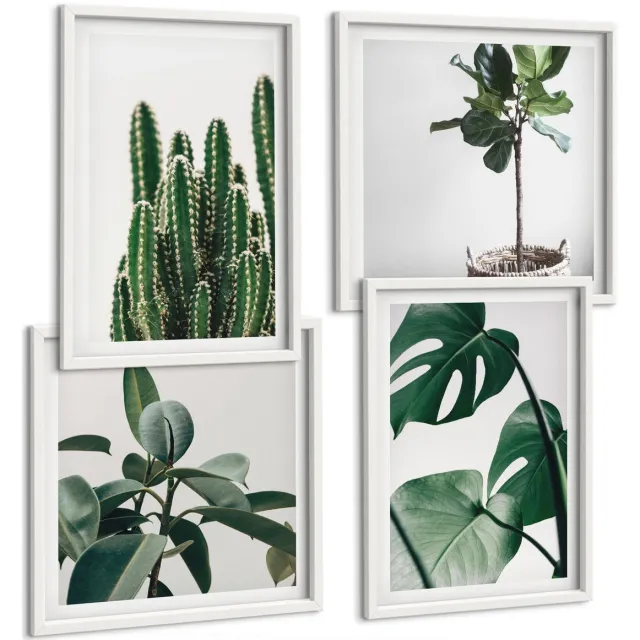 TULUP 4-Delige Schilderij Set - Tropische kamerplanten met esthetische bladeren - 40x40 en 40x60 - Stijlvolle Muurdecoratie - Kantoor - Interieur Decoratie Witte lijst