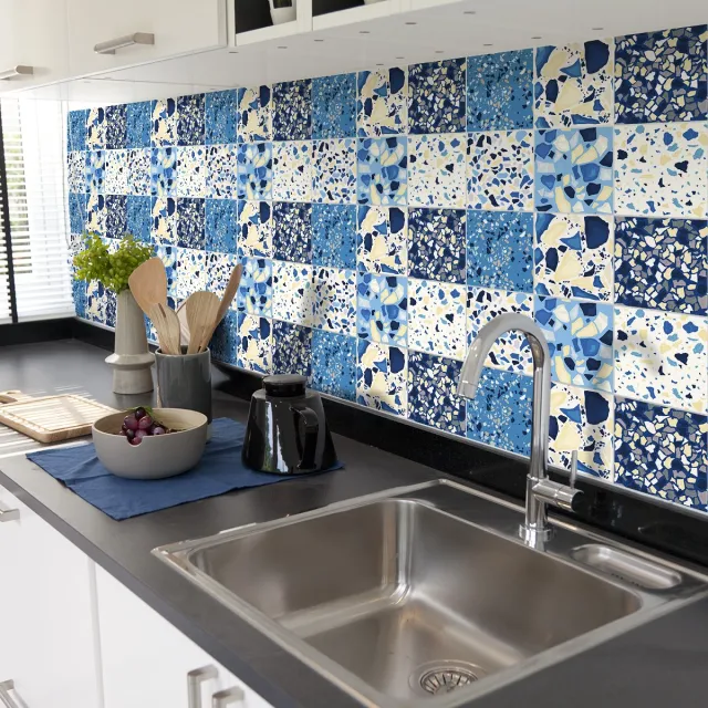 Ambiance Sticker Zelfklevende tegelmuurstickers voor keuken en badkamer - 30 Yumi Terrazzo cementtegelstickers - 30 stickers 15x15cm Multi color