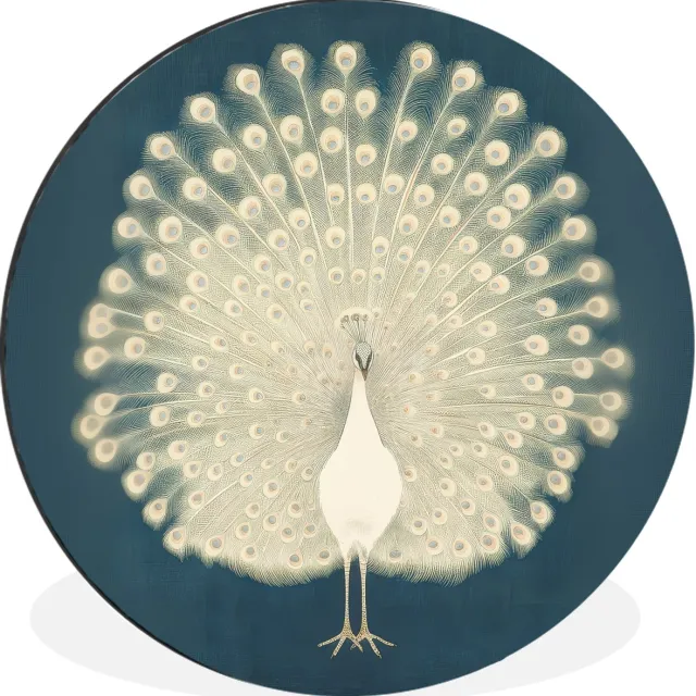 WallCircle Wandcirkel - Muurcirkel - Vogel - Blauw - Vintage - Aluminium - Dibond - 140x140 cm - Binnen en Buiten Pauw