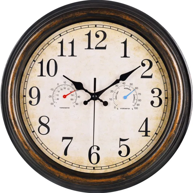 IvoQ Waterdichte Buitenklok / Wandklok - 30 cm - Thermometer en Hygrometer - Vintage Bruin