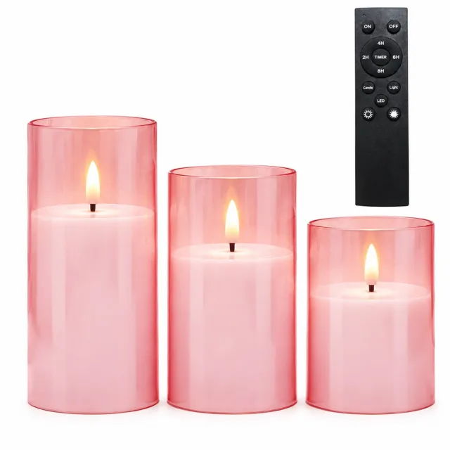 SWGOTA led kaarsen, 3 stuks per doos, roze met doorschijnende cilindervormige omhulling en warm vlameffect, inclusief grote afstandsbediening voor feestdecoratie
