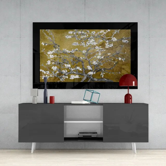 Insigne Art Glasschilderij – Gouden Amandelbloemen – Moderne Wanddecoratie Meerkleurig