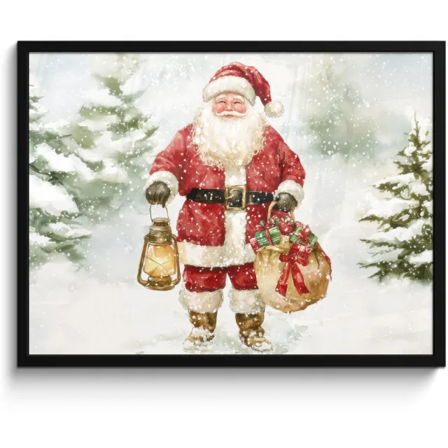 FrameYourWall Poster in lijst - Fotolijst 70x50 cm - Posters - Kerstman- Winter - Sneeuw - Wit - Rood - Posterlijst zwart - Decoratie - Wanddecoratie woonkamer - Muurdecoratie slaapkamer - Kerstversiering - Kerstdecoratie voor binnen - Kerstmis
