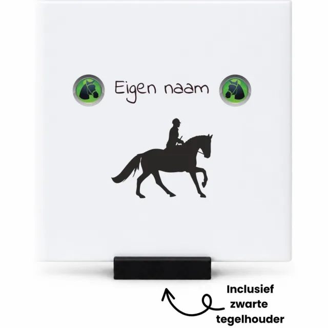 Hacebo Paardrijden met naam tegeltje met tegelhouder - Paardrijden - Paardrijden liefhebber - tegeltjes met tekst - Cadeau - Verjaardag - Geschenk - Gepersonaliseerd - spreuktegels - 10.8x10.8 CM Wit