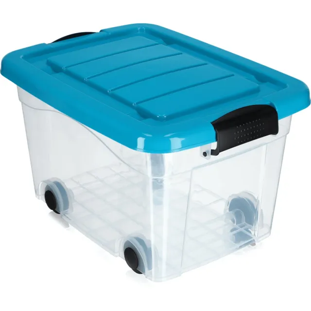 KADAX Kunststof container met wieltjes, 20 l, blauwe opbergdoos van kunststof, organizer met deksel, clipbox voor speelgoed, opbergcontainer met kliksluiting